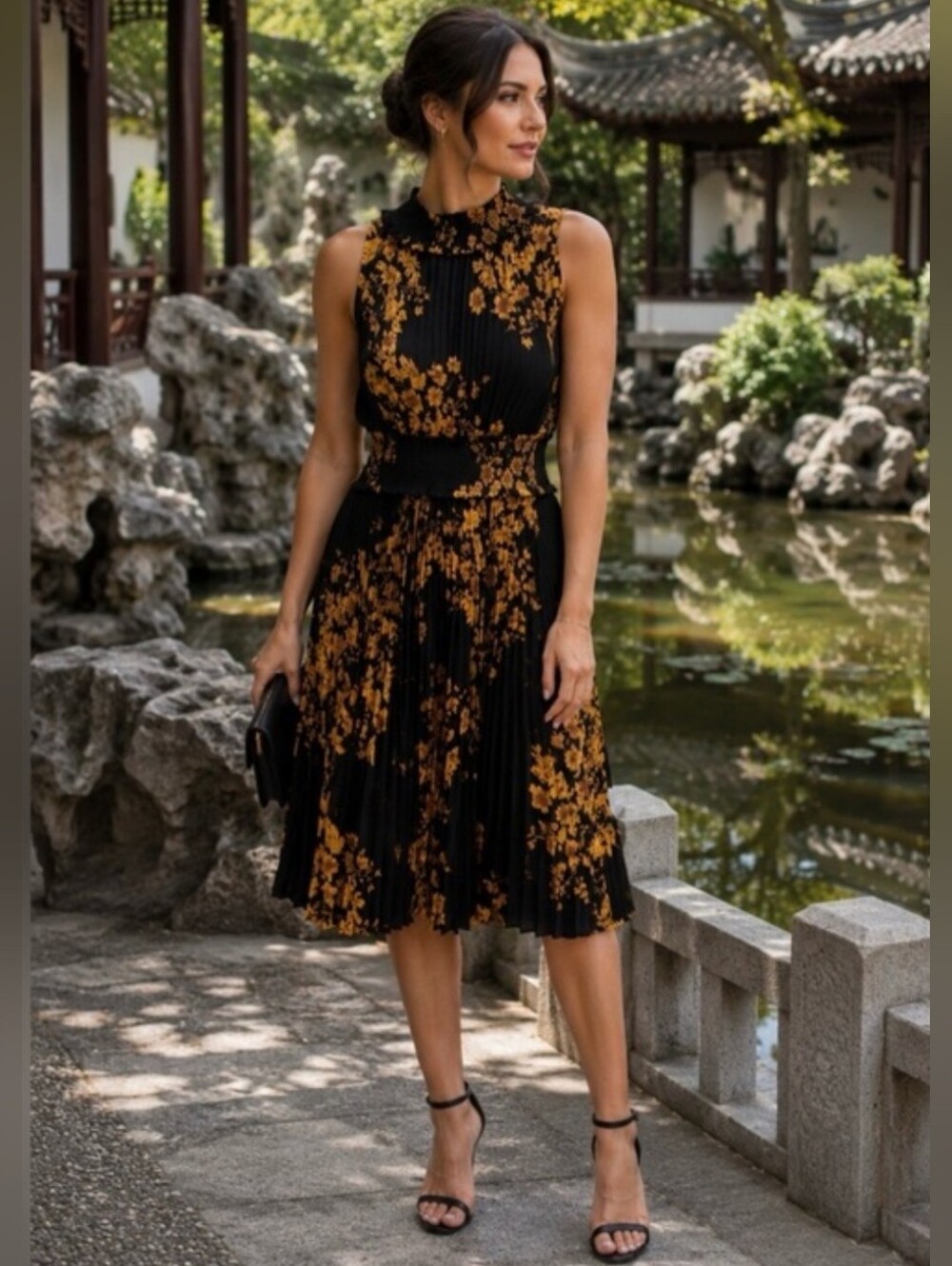 Nanette Lepore Pleated Mock Neck Floral Dress